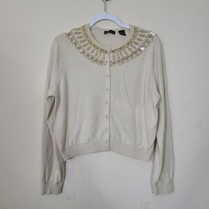 Moda International Womens L Ivory Embellished Cardigan Wool Silk‎ Lux Fair Isles